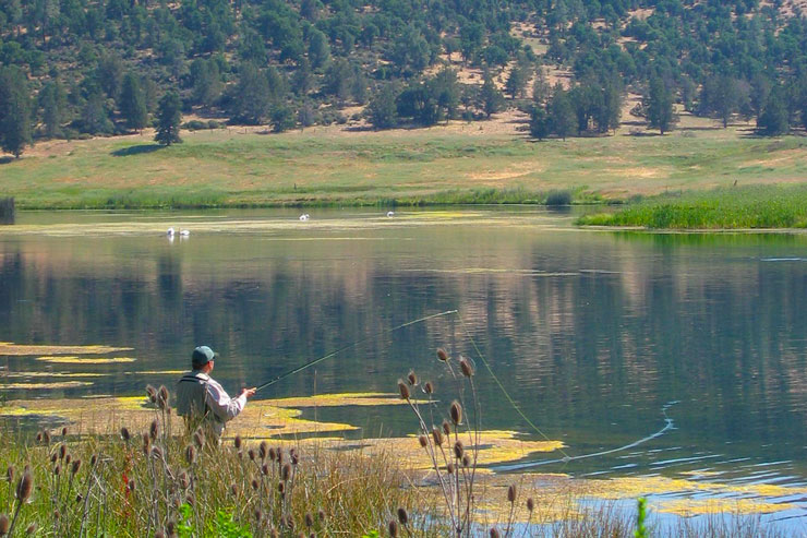 An angler fishes Baum Lake, an impoundment on Hat Creek