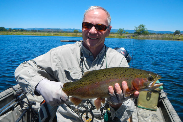 An angler with a stout Fall River rainbow trout