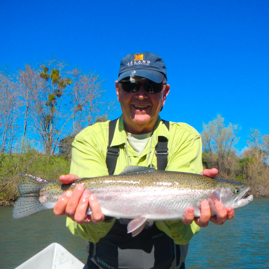 An angler with a spring steelhead from the Lower Feather River