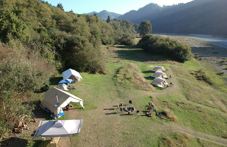 An aerial view of our remote jet-boat camp on the lower Klamath River