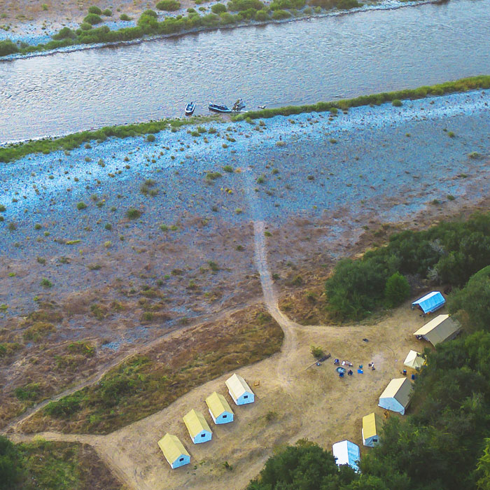 An aerial view of our jet-boat camp on the Lower Klamath River